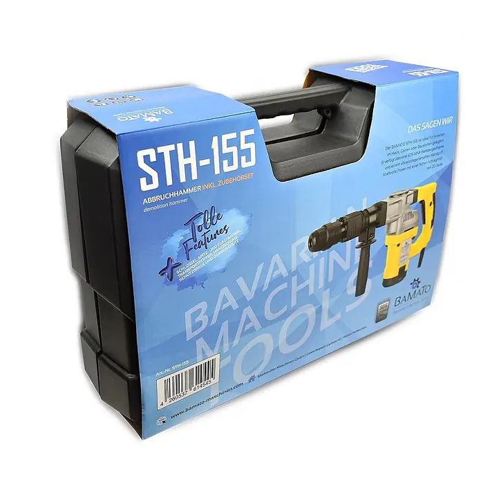 Bamato Abbruchhammer STH-155 - 1.300 W, 20 J, SDS-Max-Aufnahme - Abbruchhammer STH-155 in gelb-schwarz, verpackt in einem schwarzen Kunststoffkoffer mit blauem Umkarton.