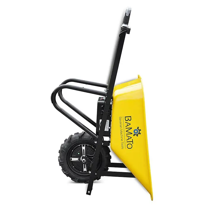 Bamato Akku-Schubkarre MTR-150 - 500 W, Traglast: 150 kg - Gelbe Elektro-Schubkarre mit schwarzem Rahmen, motorisiertem Rad und Lenker. Ideal für schwere Lasten.