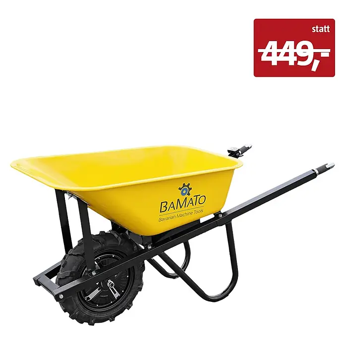 Bamato Akku-Schubkarre MTR-150 - 500 W, Traglast: 150 kg - Gelbe elektrische Schubkarre mit schwarzem Rahmen und grobem Reifen.