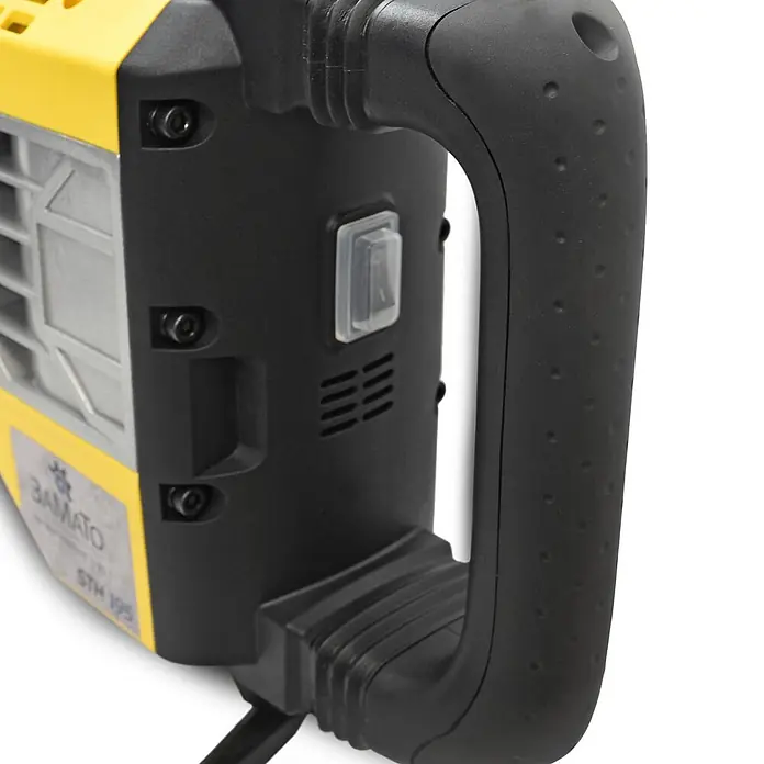 Bamato Abbruchhammer STH-195 inkl. 7-tlg. Zubehörset - 1.700 W, 50 J, SDS-Hex-Aufnahme - Gelbes und schwarzes Elektrowerkzeug mit strukturiertem Griff und transparentem Netzschalter.