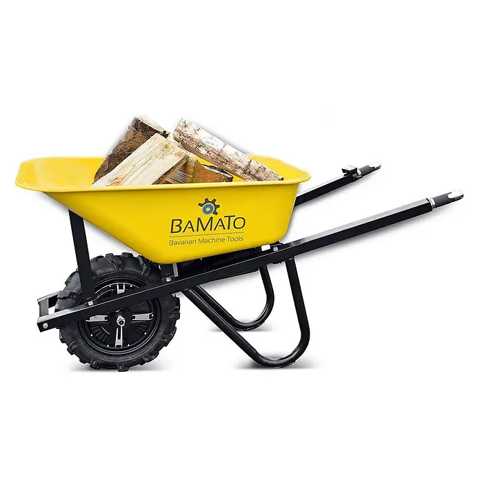 Bamato Akku-Schubkarre MTR-150 - 500 W, Traglast: 150 kg - Gelbe Elektro-Schubkarre mit schwarzem Rahmen/Griffen, beladen mit Brennholz. Verfügt über ein motorisiertes Rad und das BAMATO-Logo.