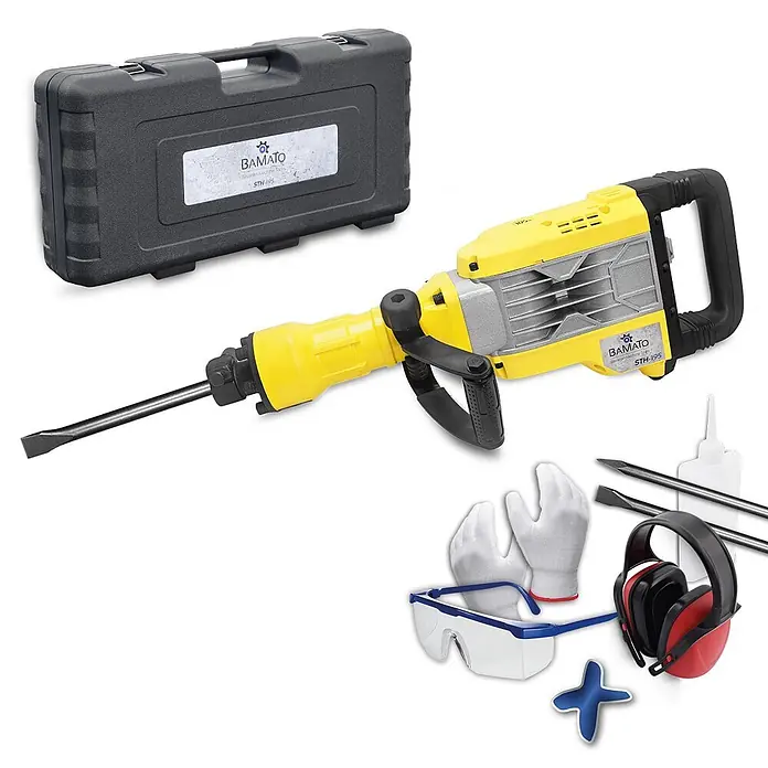 Bamato Abbruchhammer STH-195 inkl. 7-tlg. Zubehörset - 1.700 W, 50 J, SDS-Hex-Aufnahme - Gelber Abbruchhammer mit Koffer, Schutzausrüstung (Handschuhe, Brille, Gehörschutz) und Meißeln.