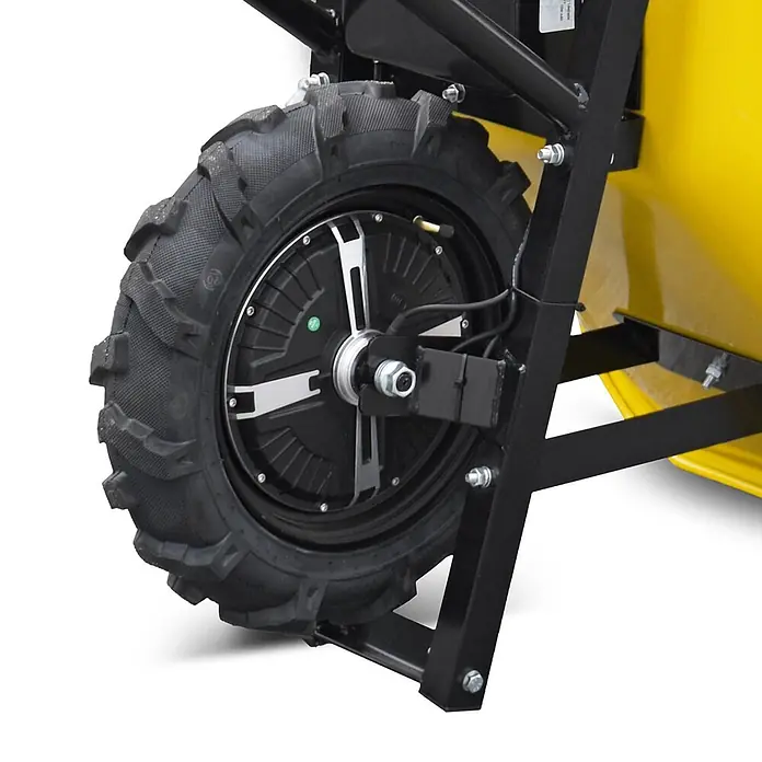 Bamato Akku-Schubkarre MTR-150 - 500 W, Traglast: 150 kg - Nahaufnahme eines robusten schwarzen Schubkarrenrads mit integriertem metallisch-schwarzem Nabenmotor, an schwarzem Rahmen befestigt.