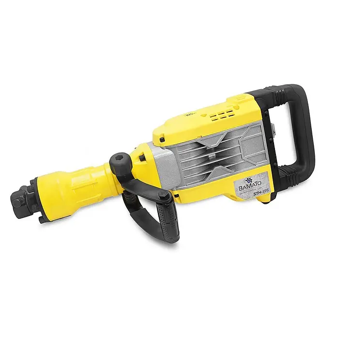 Bamato Abbruchhammer STH-195 inkl. 7-tlg. Zubehörset - 1.700 W, 50 J, SDS-Hex-Aufnahme - Gelber und schwarzer Abbruchhammer mit grauem Metallgehäuse und verstellbarem Griff für schwere Abbrucharbeiten.