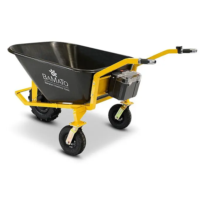 Bamato Akku-Schubkarre MTR-200 - 400 W, Traglast: 200 kg - Gelbe und schwarze elektrische Schubkarre mit vier Rädern und sichtbarem Akku.
