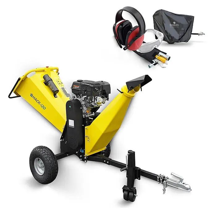 Bamato Benzin-Häcksler HACK-120 inkl. Abdeckplane - Max. Aststärke: 150 mm, 9 kW, Hubraum: 420 cm³ - Gelber Holzhäcksler auf Rädern mit Anhängerkupplung, Gehörschutz, Brille, Werkzeug und Abdeckung.