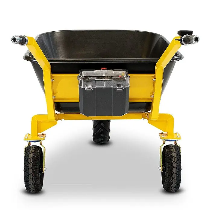 Bamato Akku-Schubkarre MTR-200 - 400 W, Traglast: 200 kg - Gelb gerahmte elektrische Schubkarre mit schwarzer Wanne und Batteriepack mit Klarsichtdeckel. Drei Räder sind von vorne sichtbar.
