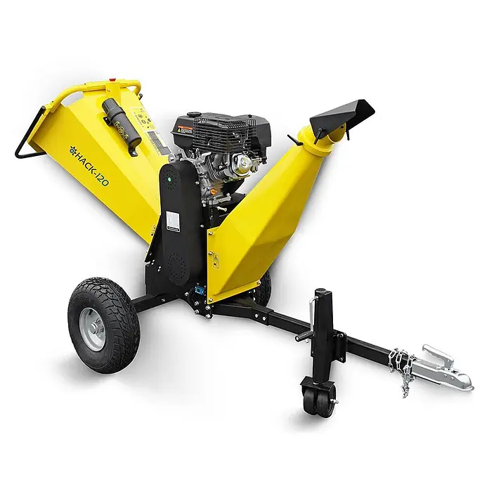 Bamato Benzin-Häcksler HACK-120 inkl. Abdeckplane - Max. Aststärke: 150 mm, 9 kW, Hubraum: 420 cm³ - Gelber HACK-120 Motorhäcksler mit Rädern und Anhängerkupplung.