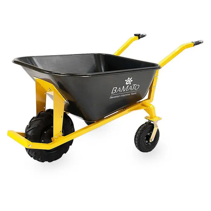 Bamato Akku-Schubkarre MTR-200 - 400 W, Traglast: 200 kg - Schwarze Schubkarre mit gelbem Rahmen, großem Hauptrad und kleinem Schwenkrad. 'BAMATO' Logo.