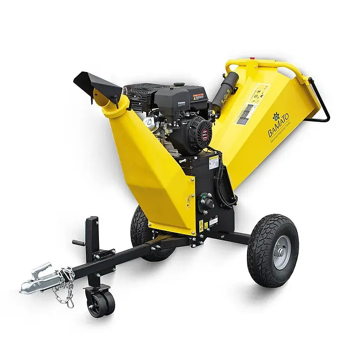 Bamato Benzin-Häcksler HACK-120 inkl. Abdeckplane - Max. Aststärke: 150 mm, 9 kW, Hubraum: 420 cm³ - Gelber und schwarzer Holzhäcksler mit Benzinmotor, großen Rädern und Anhängerkupplung für Garten- und Landschaftsabfälle.