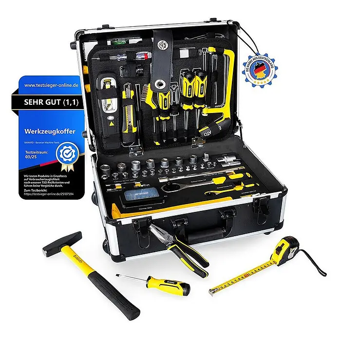 Bamato Werkzeugkoffer WORK-169 - 169 -tlg. - Ein offener, schwarz-gelber Werkzeugkoffer mit umfangreichem Handwerkzeug-Set. Hammer, Zange, Schraubendreher und Maßband liegen daneben.