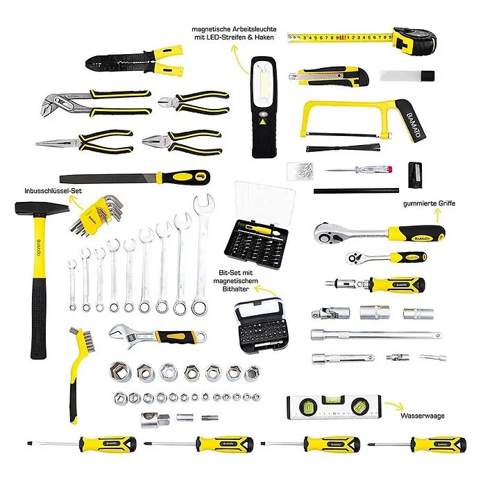 Bamato Werkzeugkoffer WORK-169 - 169 -tlg. - Ein großes Werkzeugset mit verschiedenen gelb-schwarzen Handwerkzeugen, darunter Schraubenschlüssel, Schraubendreher, Zangen, Hammer, Säge und Maßband.