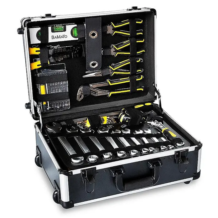 Bamato Werkzeugkoffer WORK-169 - 169 -tlg. - Offener, schwarzer Aluminium-Werkzeugkoffer mit gelb-schwarzen Handwerkzeugen, innen organisiert. Rollen am Koffer.