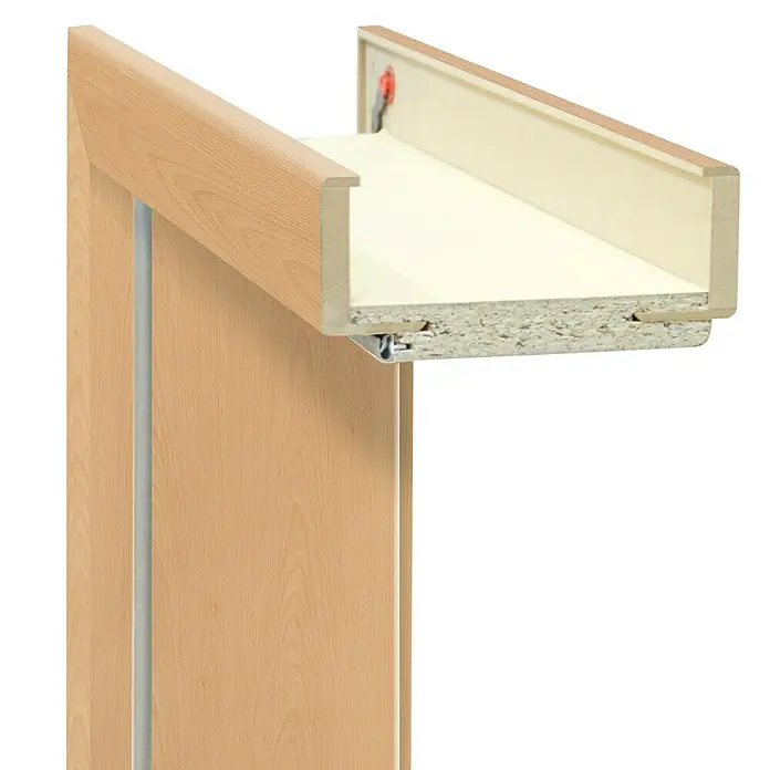 Classen PL Türzarge - 735 x 1.985 mm, Wandstärke: 95 mm, DIN Anschlag: Links, Buche - Schublade aus hellem Holz mit U-förmigem Design, offen zur Ansicht der Konstruktionsdetails.