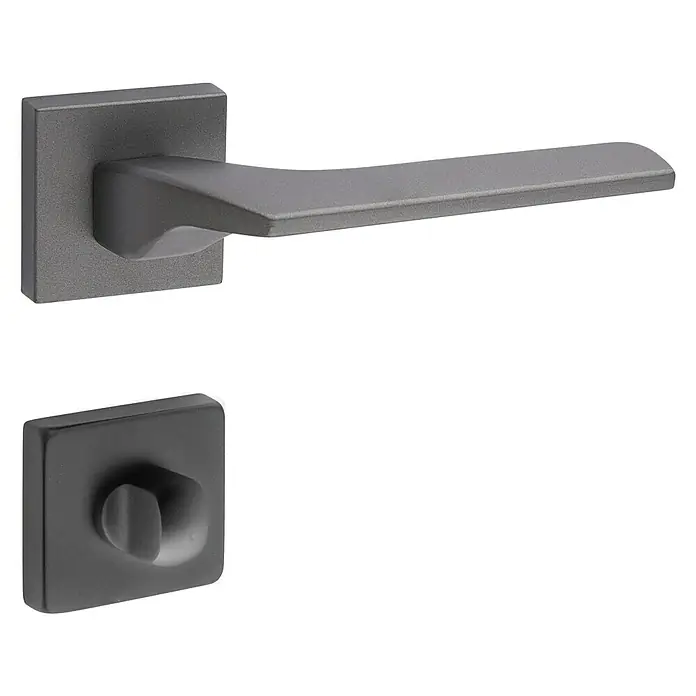 Diamond Doors Black Edition Zimmertürgarnitur WC Bellevue - Stärke Tür: 40 mm - 45 mm, Anthrazit, Schlitzkopf/Olive - Nahaufnahme eines Türdrückers mit WC-Garnitur in edlem Grauton, der Funktionalität und modernes Design vereint.