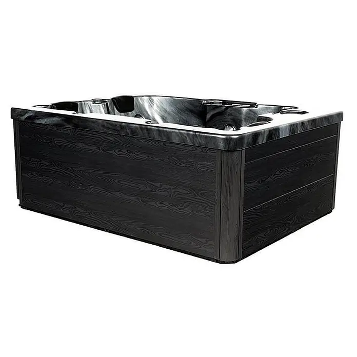 Home Deluxe Outdoor Whirlpool BLACK MARBLE Pure -  - Schwarz-grauer Whirlpool mit dunklem Marmor-Innenbereich und Holzoptik-Verkleidung.