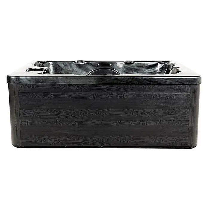 Home Deluxe Outdoor Whirlpool BLACK MARBLE Pure -  - Dunkelgrauer Whirlpool mit marmoriertem Innenbereich und schwarzem Holzlamellen-Gehäuse.
