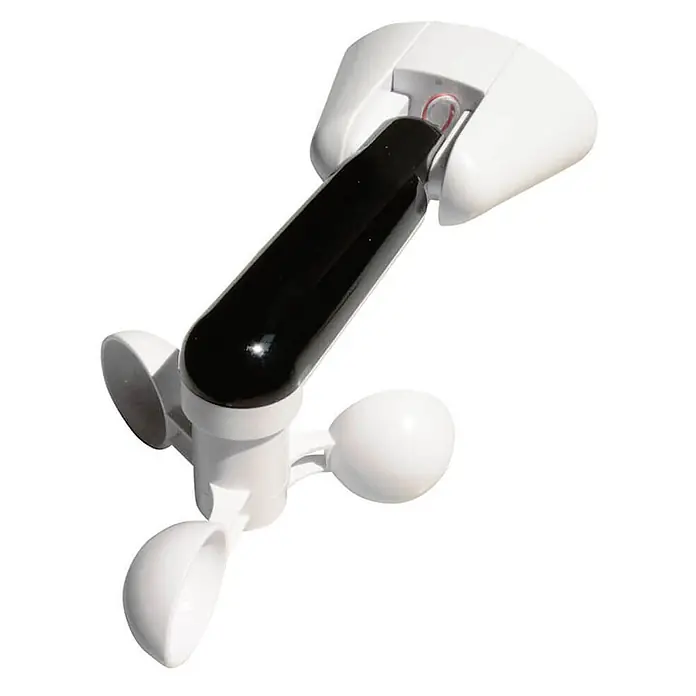 Home Deluxe LED-Vollkassettenmarkise ELOS - Anthrazit - 500 x 300 cm -  - Weißer und schwarzer Windgeschwindigkeitssensor (Anemometer) mit drei weißen Schalen, auf einer weißen Basis montiert.