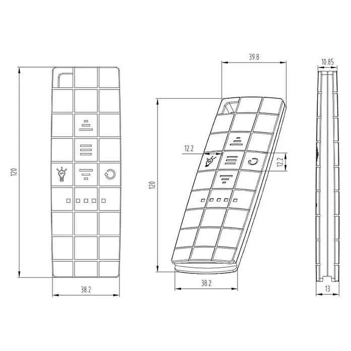 Home Deluxe LED-Vollkassettenmarkise ELOS - Anthrazit - 500 x 300 cm -  - Technische Zeichnung einer schlanken, rechteckigen Fernbedienung mit Tastenfeld für Licht-, Stufen- und Zyklusfunktionen.