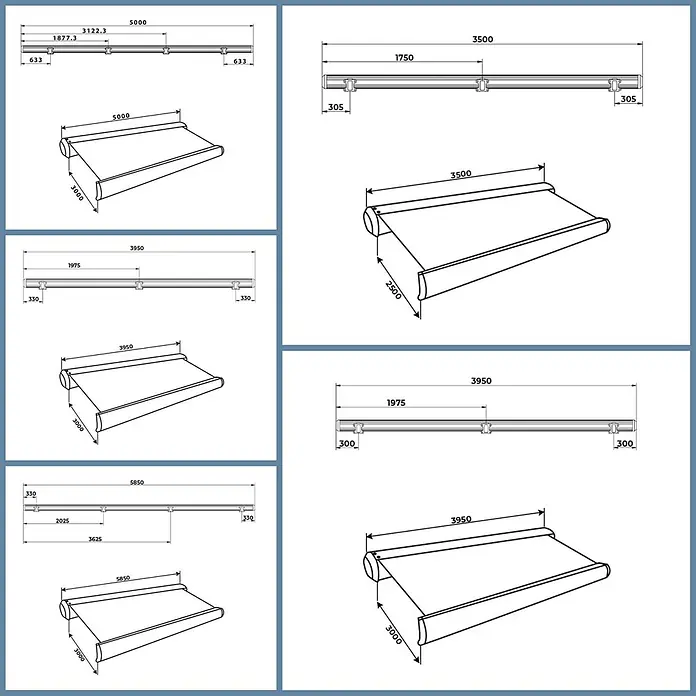 Home Deluxe LED-Vollkassettenmarkise ELOS - Anthrazit - 500 x 300 cm -  - Bemaßte technische Zeichnungen verschiedener Markisenmodelle mit Breiten und Ausfallmaßen.