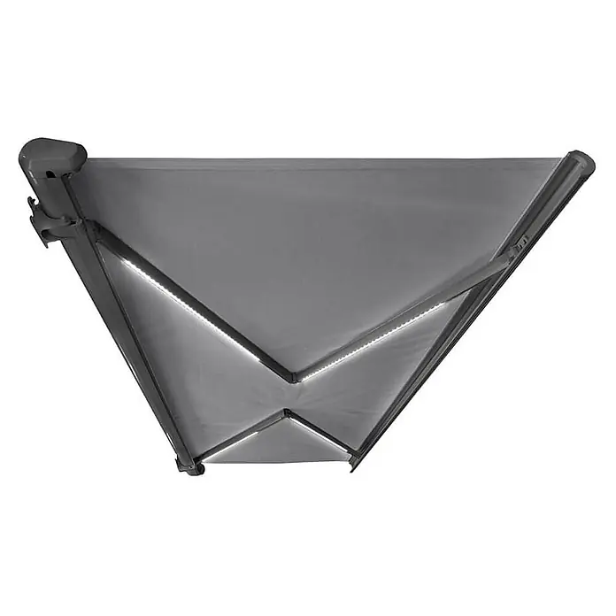 Home Deluxe LED-Vollkassettenmarkise ELOS - Anthrazit - 500 x 300 cm -  - Teilweise ausgefahrene graue Markise mit integrierter LED-Beleuchtung am Untergestell.