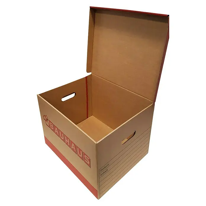 BAUHAUS Ordner-Archiv-Box Set - 2 Stk., L x B x H: 397 x 320 x 288 mm, Wellkarton - Brauner Karton mit rotem Rand und Bauhaus-Logo, perfekt für die Aufbewahrung. Der Deckel ist geöffnet, um den Inhalt zu zeigen.
