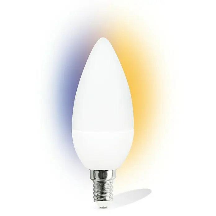 Garza Smart Home Bombilla LED - E14, Intensidad regulable, Blanco neutro, 470 lm, 5,5 W - Primer plano de una bombilla LED en forma de vela con luces de colores de fondo, creando un ambiente brillante y moderno.