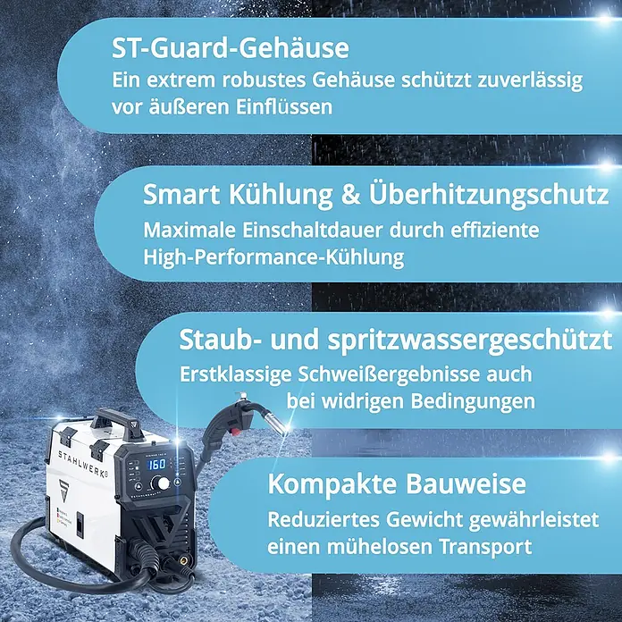 STAHLWERK MIG/MAG-Schweißgerät Schweißgerät MIG MAG 160 M - Schweißstrom: 160 A, 230 V - Kompaktes, weiß-schwarzes STAHLWERK Schweißgerät mit Schweißbrenner. Robust und staub-/spritzwassergeschützt für zuverlässige Schweißergebnisse.