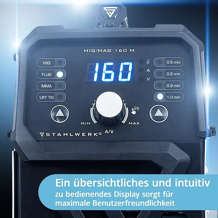 STAHLWERK MIG/MAG-Schweißgerät Schweißgerät MIG MAG 160 M - Schweißstrom: 160 A, 230 V - Bedienfeld eines schwarzen STAHLWERK MIG/MAG 160 M Schweißgeräts, mit Digitalanzeige '160' und diversen Auswahlknöpfen.