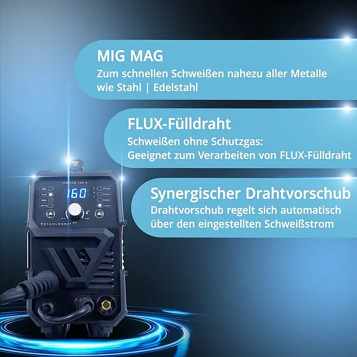 STAHLWERK MIG/MAG-Schweißgerät Schweißgerät MIG MAG 160 M - Schweißstrom: 160 A, 230 V - Schwarzes MIG/MAG 160 M Schweißgerät mit 160 auf Display, synergetischem Drahtvorschub und Fülldraht-Funktion.