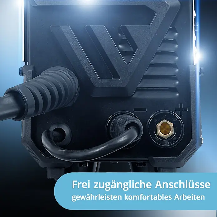 STAHLWERK MIG/MAG-Schweißgerät Schweißgerät MIG MAG 160 M - Schweißstrom: 160 A, 230 V - Rückseite eines schwarzen Schweißgeräts mit gut sichtbaren und zugänglichen Anschlussbuchsen und eingesteckten Kabeln.