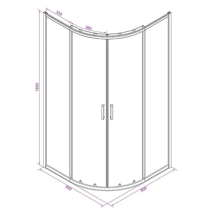 Kiamami Valentina Runddusche - 90 x 90 x 185 cm, Siebdruck - Technische Zeichnung einer viertelrunden Glas-Duschkabine mit Doppelschiebetüren und Chromgriffen, 900x900x1850mm.