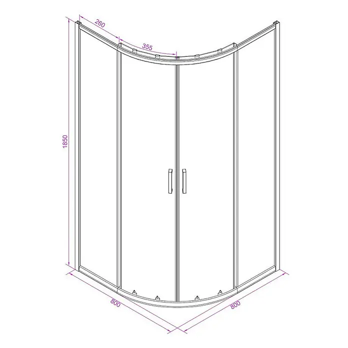 Kiamami Valentina Runddusche - 80 x 80 x 185 cm, Siebdruck - Bemaßte Zeichnung einer Viertelkreis-Duschkabine mit klaren Glasscheiben und silbernem Rahmen, mit Doppelschiebetüren.