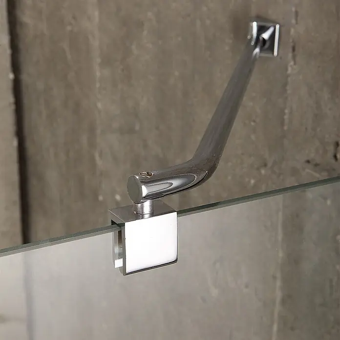Kiamami Valentina Runddusche - 80 x 80 x 190 cm, Transparent - Wandmontierter verchromter Stützarm und Klemme zur Stabilisierung einer Klarglasscheibe.