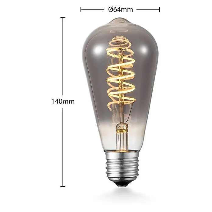 Lucande LED-Lampe E27 St64 LED 4W - E27, Nicht Dimmbar, Warmweiß, 120 lm, 4 W - LED-Glühbirne aus Rauchglas mit Spiralwendel und E27-Sockel. 140mm hoch, Ø64mm.