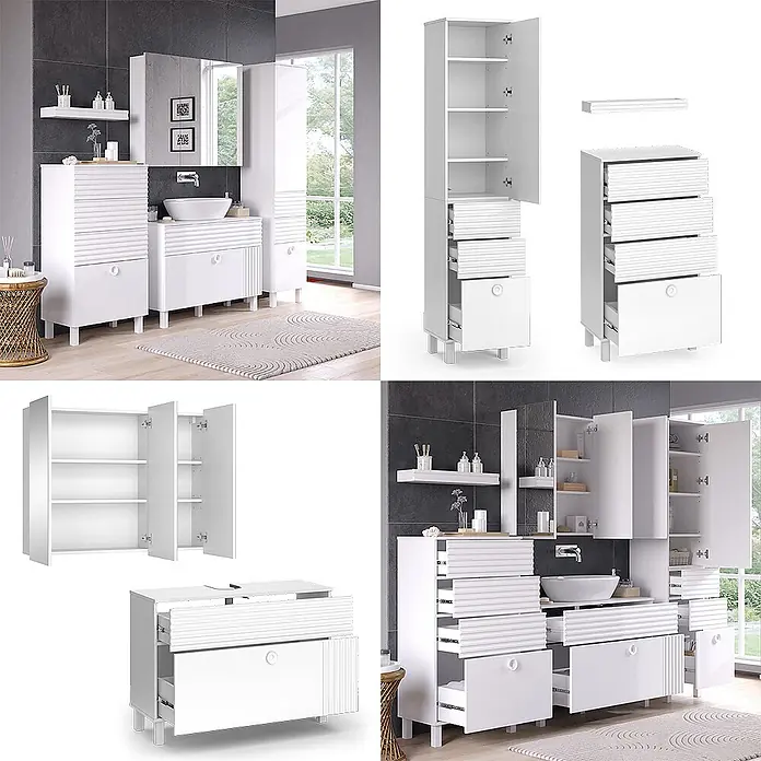 Vicco Badmöbel-Set Sola Weiß 4 Teile - Gesamtbreite Badmöbel: 200,6 cm, Weiß, Matt - Weißes Badmöbel-Set mit Waschtisch, Hochschrank und Spiegelschrank, teilweise offen, zeigt Stauraum.