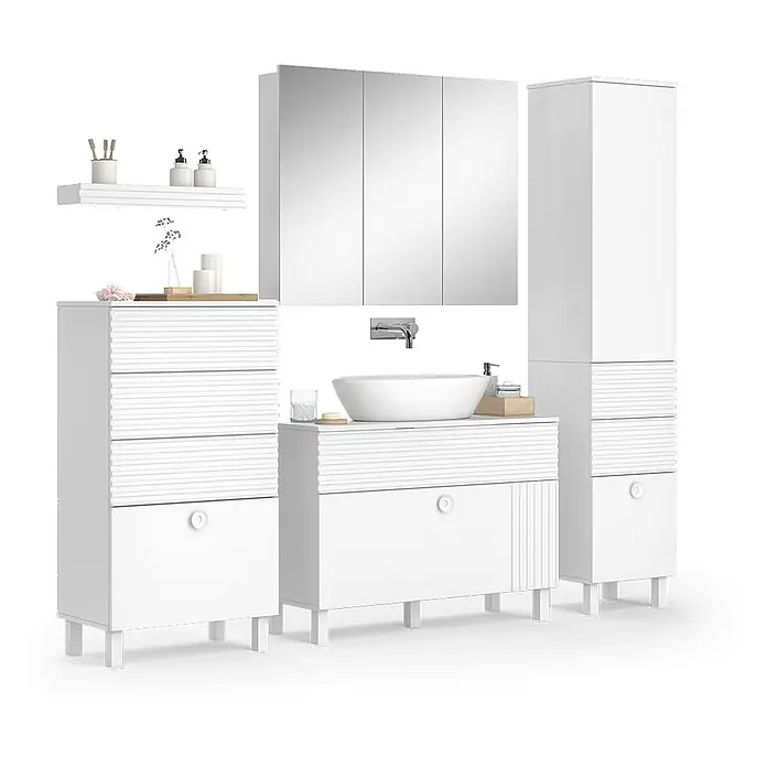 Vicco Badmöbel-Set Sola Weiß 4 Teile - Gesamtbreite Badmöbel: 200,6 cm, Weiß, Matt - Weißes Badezimmermöbelset: Waschtischunterschrank mit Waschbecken, Spiegelschrank, Hochschrank und kleinerer Schrank, alle mit strukturierten Fronten.