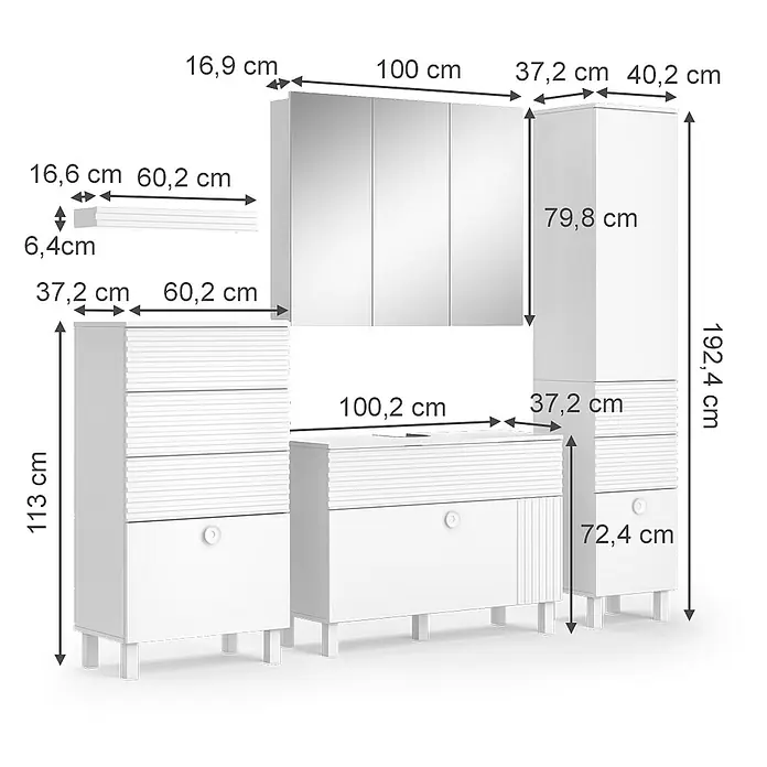 Vicco Badmöbel-Set Sola Weiß 4 Teile - Gesamtbreite Badmöbel: 200,6 cm, Weiß, Matt - Weißes Badmöbelset mit Schränken und Spiegel, inklusive detaillierter Maße.