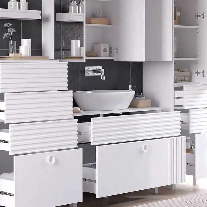 Vicco Badmöbel-Set Sola Weiß 4 Teile - Gesamtbreite Badmöbel: 200,6 cm, Weiß, Matt - Weißer Badezimmerschrank mit mehreren offenen, texturierten Schubladen und integriertem Waschbecken.