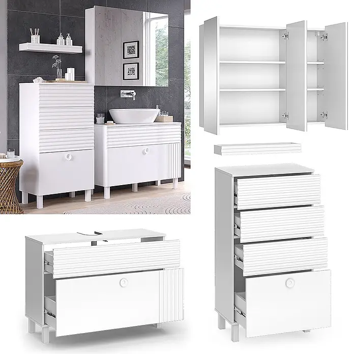 Vicco Badmöbel-Set Sola Weiß 3 Teile, mit Midischrank - Gesamtbreite Badmöbel: 160,4 cm, Weiß, Matt - Weißes Badmöbelset mit Waschtisch, Waschbecken, Hochschrank, Spiegelschrank und Regal in einem modernen Bad.