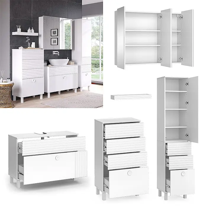 Vicco Badmöbel-Set Sola Weiß 4 Teile - Gesamtbreite Badmöbel: 200,6 cm, Weiß, Matt - Weißes Badmöbel-Set mit geriffelten Fronten, bestehend aus Waschtisch, Schränken, Spiegel und Regal.