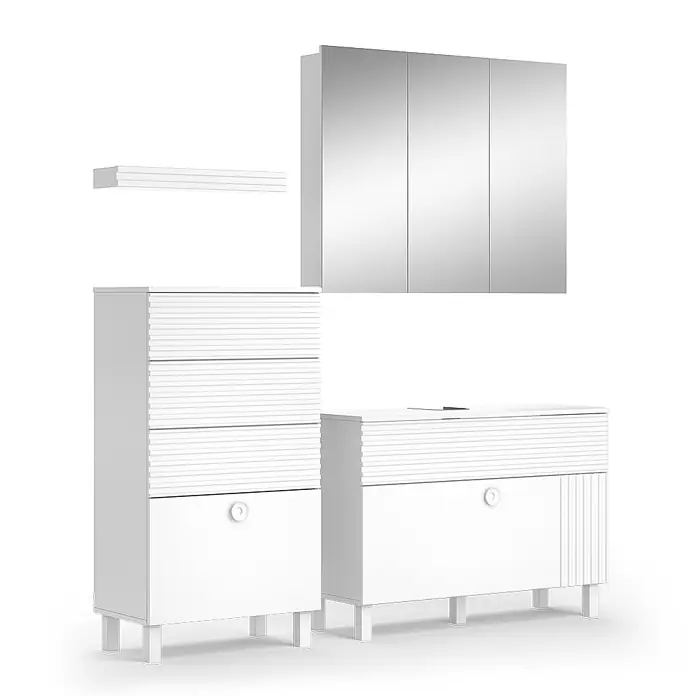 Vicco Badmöbel-Set Sola Weiß 3 Teile, mit Midischrank - Gesamtbreite Badmöbel: 160,4 cm, Weiß, Matt - Weißes Badezimmer-Set mit Rillen: Spiegelschrank, Wandregal, Hochschrank und Waschbeckenunterschrank.