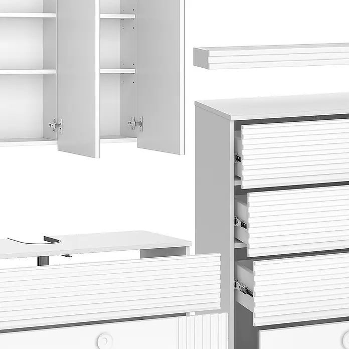 Vicco Badmöbel-Set Sola Weiß 3 Teile, mit Midischrank - Gesamtbreite Badmöbel: 160,4 cm, Weiß, Matt - Weiße Modulmöbel mit offenen Wandschränken, einem Schreibtisch und einer Kommode mit geriffelten Fronten.