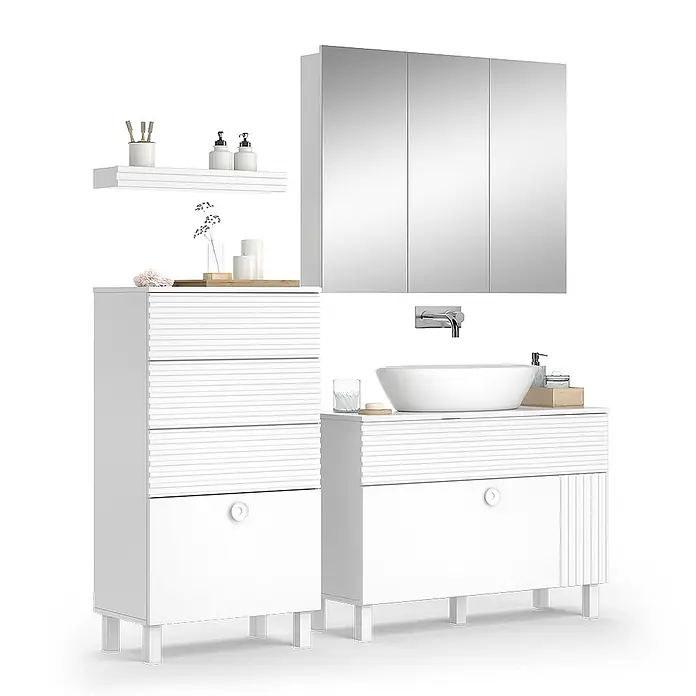 Vicco Badmöbel-Set Sola Weiß 3 Teile, mit Midischrank - Gesamtbreite Badmöbel: 160,4 cm, Weiß, Matt - Weißes Badmöbelset: Waschtisch mit strukturierten Fronten, Keramikwaschbecken, Hochschrank, Spiegelschrank und Regal.