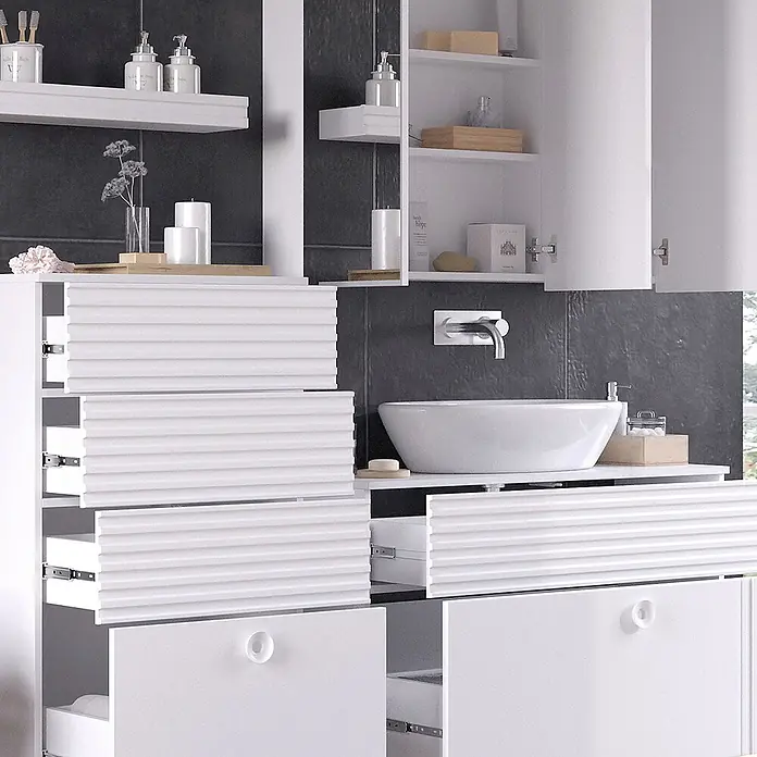 Vicco Badmöbel-Set Sola Weiß 3 Teile, mit Midischrank - Gesamtbreite Badmöbel: 160,4 cm, Weiß, Matt - Weißer Badschrank mit geriffelten und glatten Schubladen, integriertem Waschbecken und Wandschränken in einem modernen Bad.