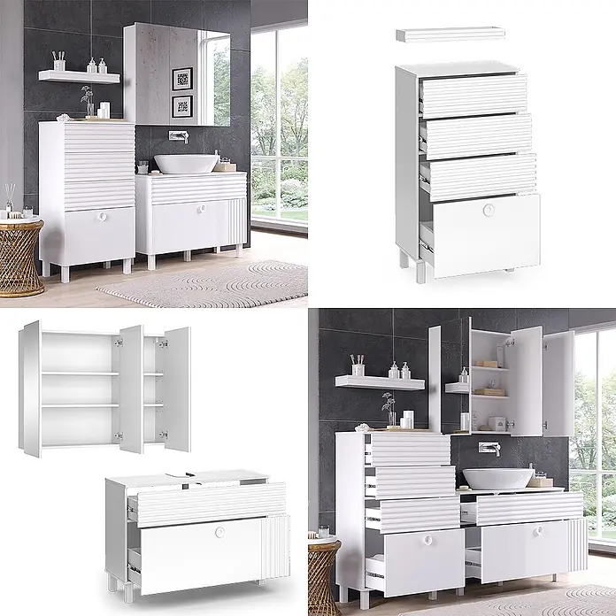 Vicco Badmöbel-Set Sola Weiß 3 Teile, mit Midischrank - Gesamtbreite Badmöbel: 160,4 cm, Weiß, Matt - Weißes Badmöbelset mit Waschbeckenunterschrank und hohem Schrank mit geriffelten Schubladenfronten im modernen Bad.