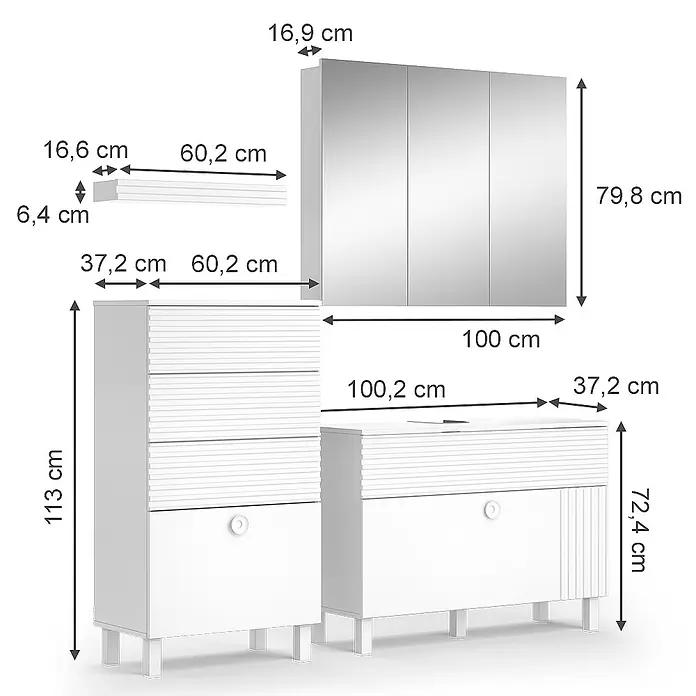Vicco Badmöbel-Set Sola Weiß 3 Teile, mit Midischrank - Gesamtbreite Badmöbel: 160,4 cm, Weiß, Matt - Weißes Badmöbel-Set mit Hochschrank, Waschtischunterschrank, Spiegelschrank und einem Regal, alle Maße sind abgebildet.