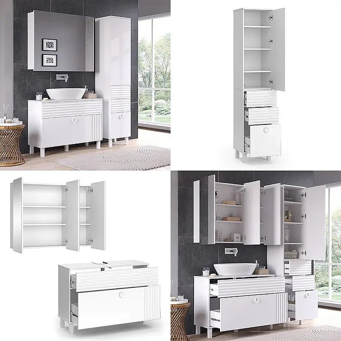Vicco Badmöbel-Set Sola Weiß 3 Teile, mit Hochschrank - Gesamtbreite Badmöbel: 140,4 cm, Weiß, Matt - Weißes Badmöbelset: Waschtisch, Hochschrank und Spiegelschrank, für Stauraum und modernes Design.