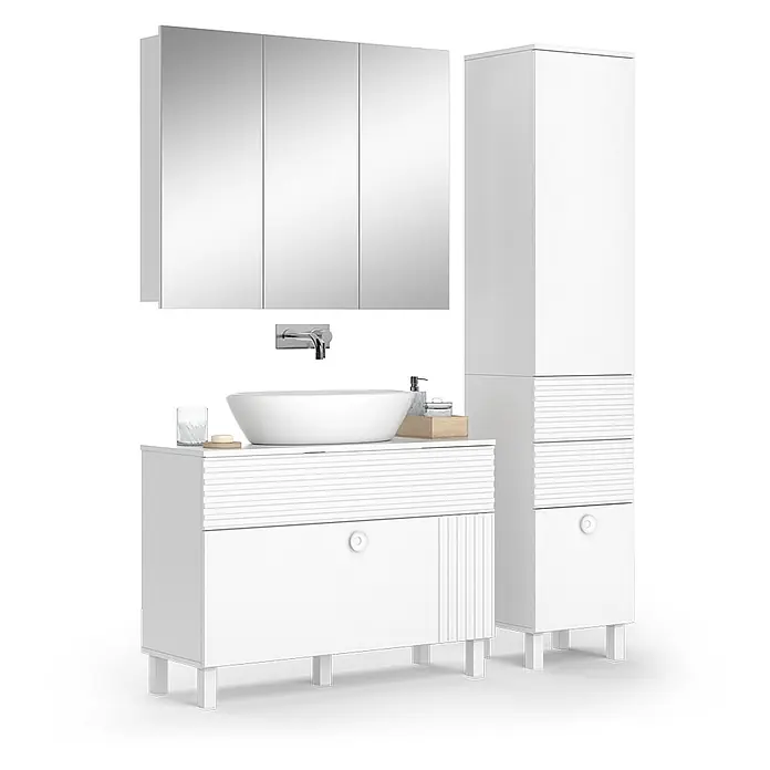 Vicco Badmöbel-Set Sola Weiß 3 Teile, mit Hochschrank - Gesamtbreite Badmöbel: 140,4 cm, Weiß, Matt - Weißes Badmöbel-Set mit Aufsatzwaschbecken, Wasserhahn, Spiegelschrank und Hochschrank, alles mit geriffelten Details.