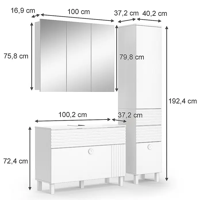 Vicco Badmöbel-Set Sola Weiß 3 Teile, mit Hochschrank - Gesamtbreite Badmöbel: 140,4 cm, Weiß, Matt - Weißes Badmöbel-Set mit Waschtischunterschrank, Hochschrank und Spiegelschrank.